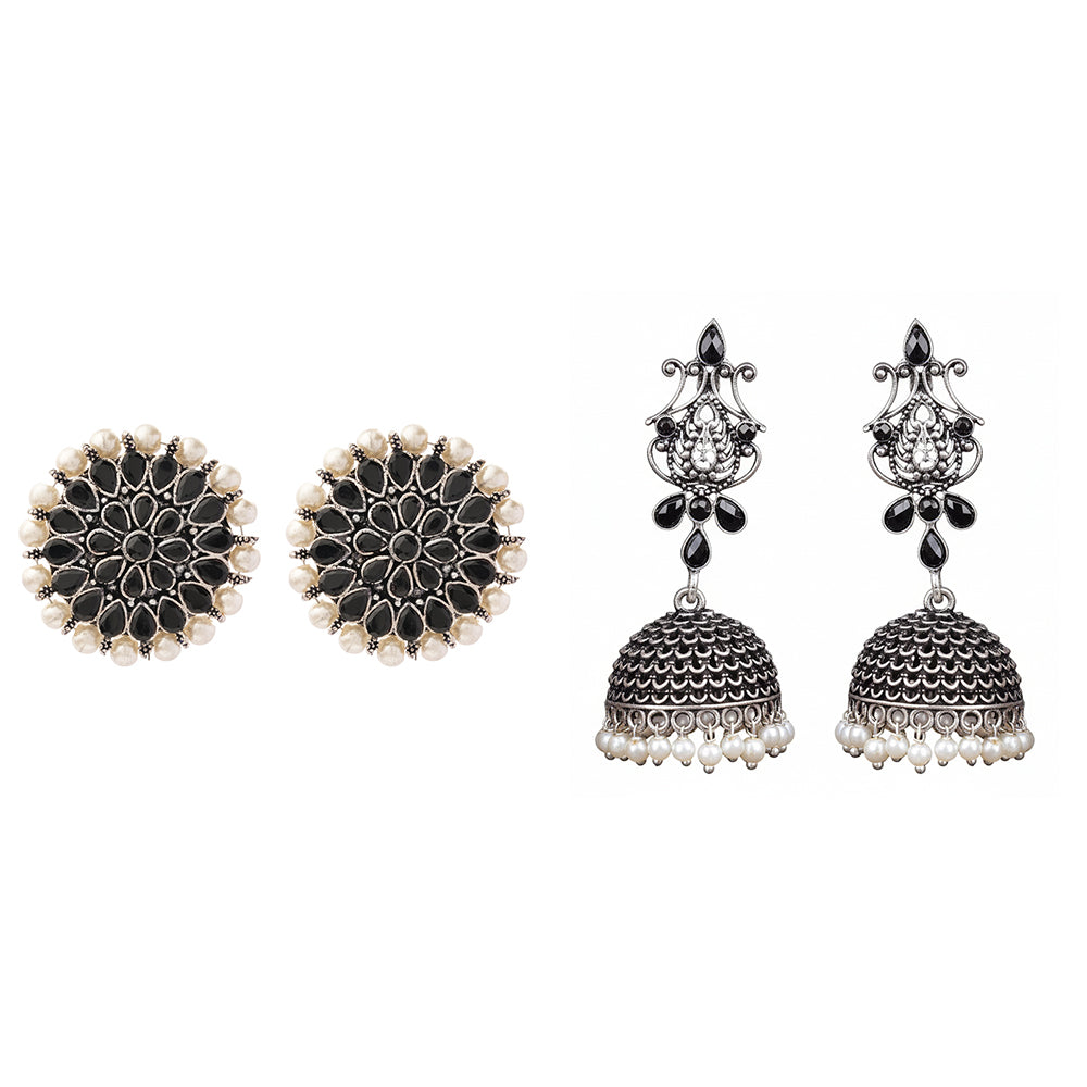 Carved Charm Dangler earrings &  Kalash Kamal Jhumka earring (Black) Combo set
