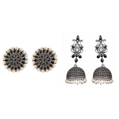 Carved Charm Dangler earrings &  Kalash Kamal Jhumka earring (Black) Combo set