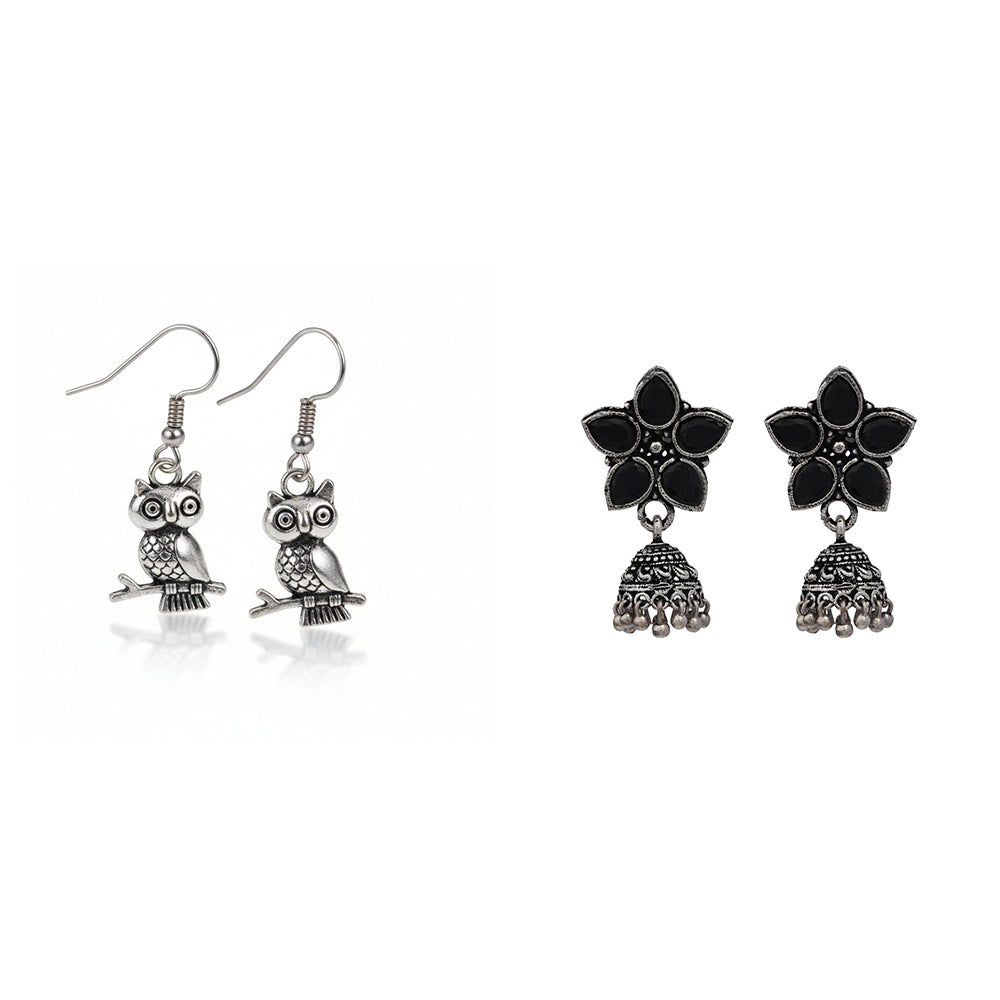 Beauty Bloom ghunghroo jhumki earring (Black)&Wise Wink dangler earrings (Silver) Combo set