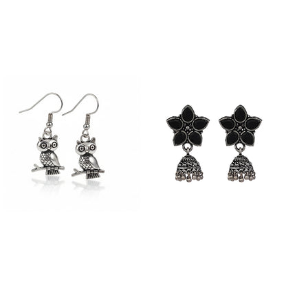 Beauty Bloom ghunghroo jhumki earring (Black)&Wise Wink dangler earrings (Silver) Combo set