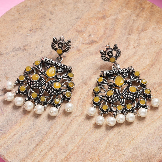 Yellow Stone Studded Danglers With Hanging Pearls