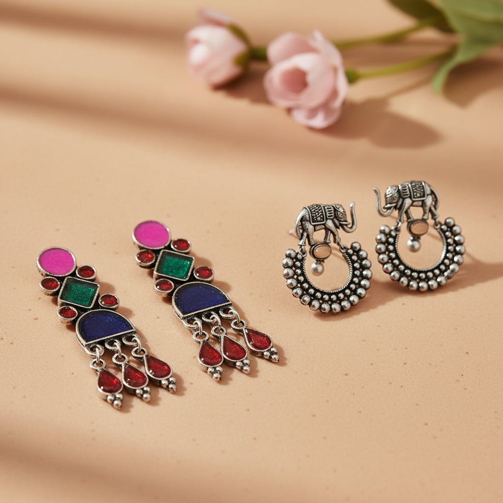 Rainbow rhine dangler earrings (Multicolored)&Elephant Arc dangler earrings (Light Orange) Combo set
