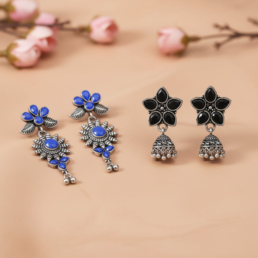 Beauty Bloom ghunghroo jhumki earring (Black)&FloraSun dangler earrings (Blue) Combo set