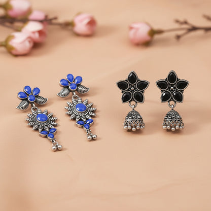 Beauty Bloom ghunghroo jhumki earring (Black)&FloraSun dangler earrings (Blue) Combo set