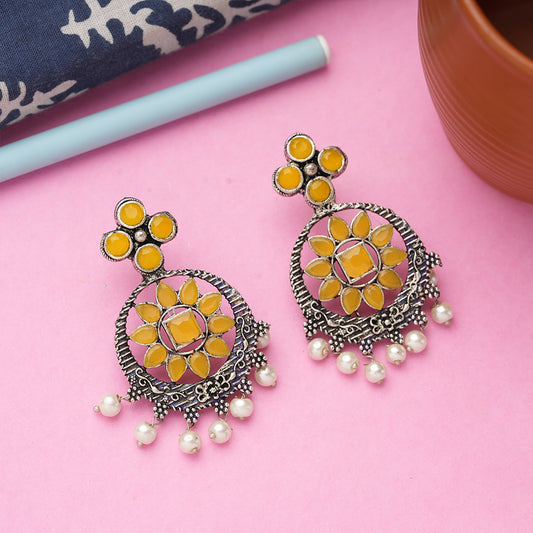 Yellow Stone Studded German Silver Stud Earrings With Hanging Pearls