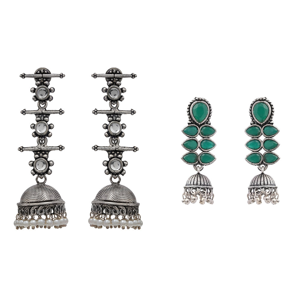 Dazzle Dash Jhumki earring (Green)&Royal Triple Bell Layered Jhumka Earring (White) Combo set