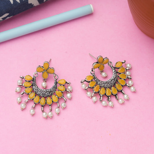 Yellow Stone Studded Statement German Silver Dangler Earrings
