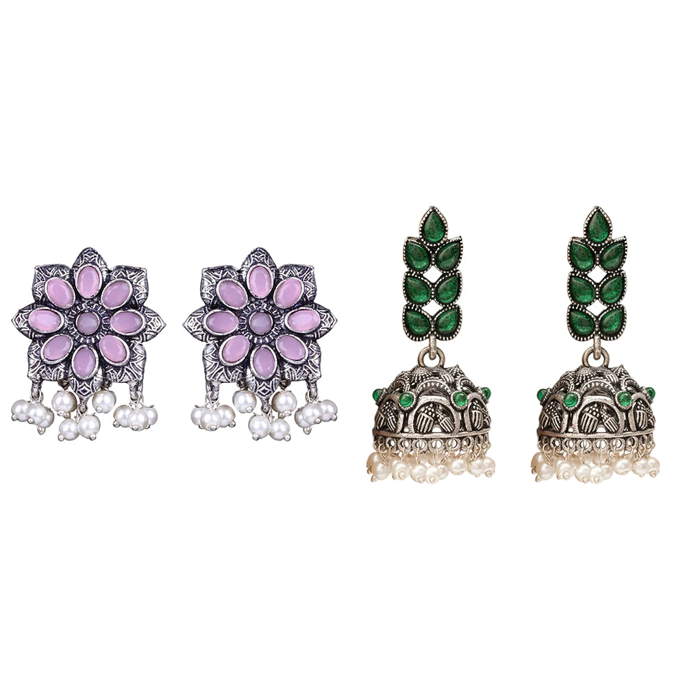 Jugni vibrant stud earrings (Baby Pink)&Leaf Cascade jhumki earrings (Green) Combo set