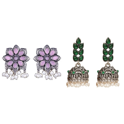 Jugni vibrant stud earrings (Baby Pink)&Leaf Cascade jhumki earrings (Green) Combo set