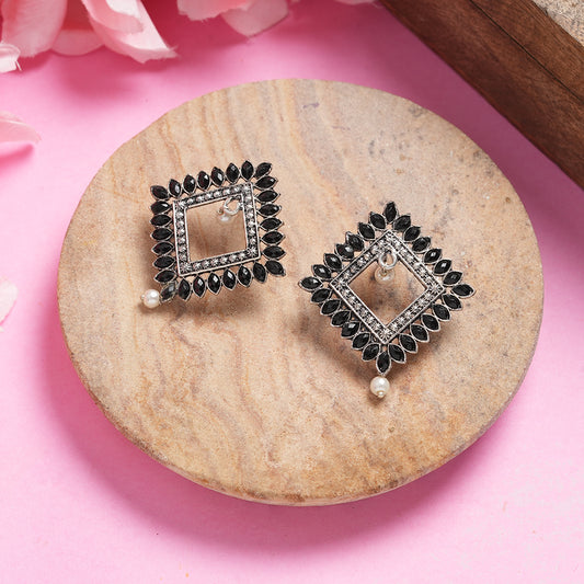 Black Stone Studded Square German Silver Earrings