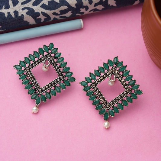 Green Stone Studded Square German Silver Earrings