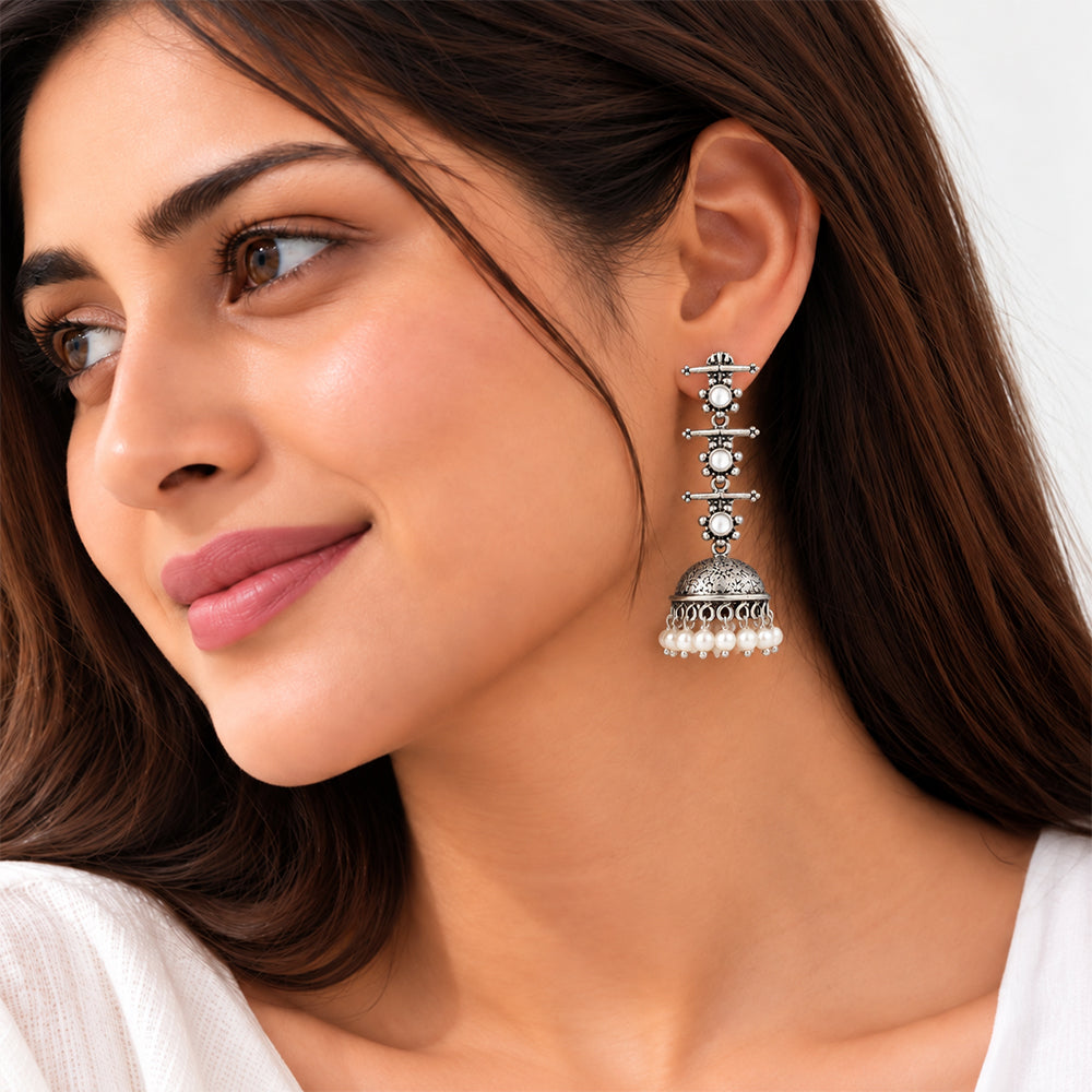 Charmbell Triple Bell Layered Jhumka Earring (White)