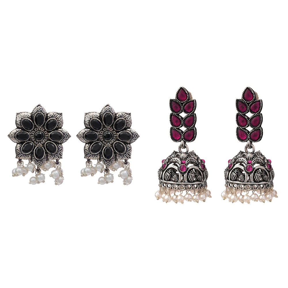 Jugni vibrant stud earrings (Black)&Leaf Cascade jhumki earrings (Red) Combo set