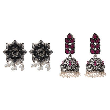 Jugni vibrant stud earrings (Black)&Leaf Cascade jhumki earrings (Red) Combo set