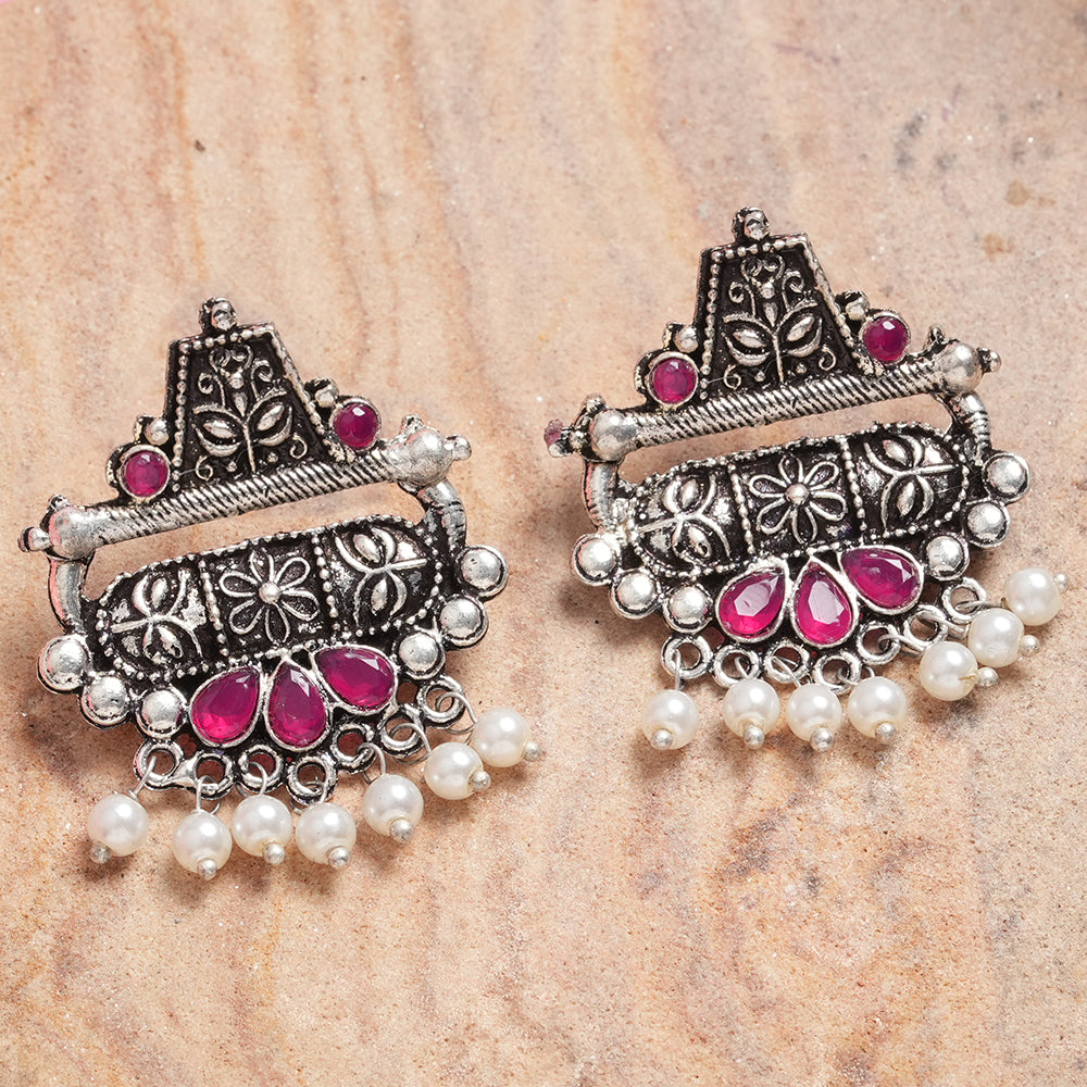 Red Stone Studded Oxidised Earrings With Hanging Pearl