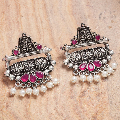 Red Stone Studded Oxidised Earrings With Hanging Pearl