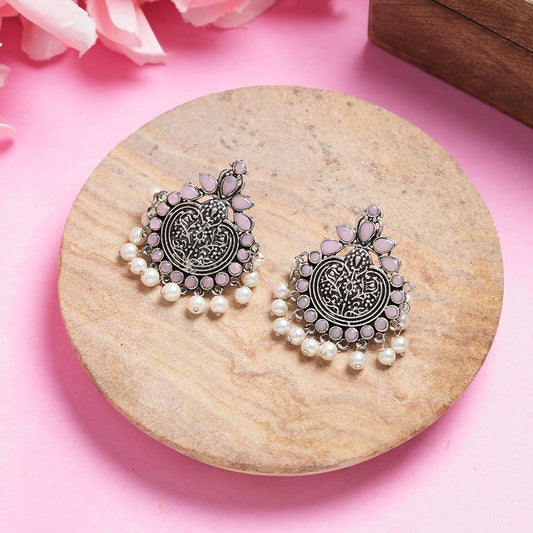 Baby Pink Stone Studded German Silver Statement Earrings