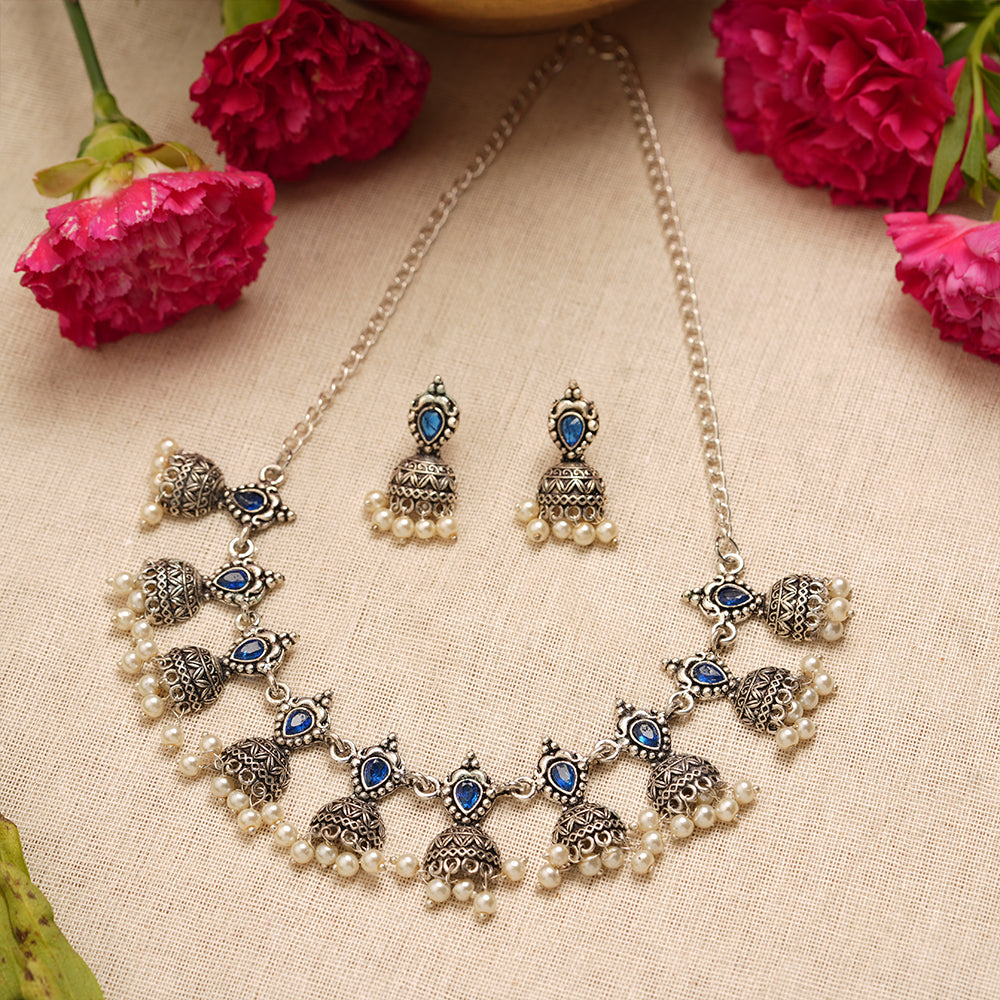 Traditional jharokha stone studded chain neckpiece set (Blue)