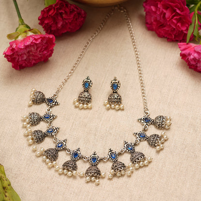 Traditional jharokha stone studded chain neckpiece set (Blue)