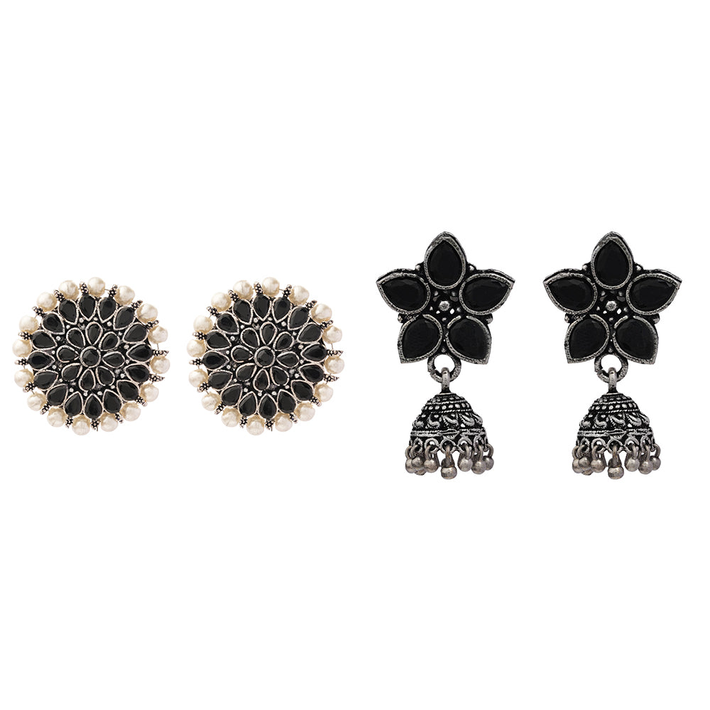 Carved Charm Dangler earrings &  Beauty Bloom ghunghroo jhumki earring (Black) Combo set