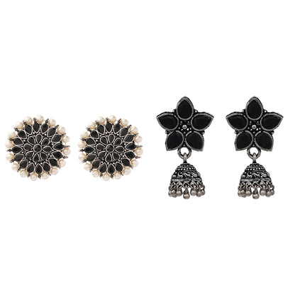 Carved Charm Dangler earrings &  Beauty Bloom ghunghroo jhumki earring (Black) Combo set