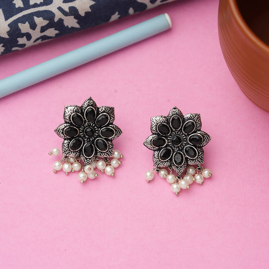 Black Stone Studded Oxidised Earrings With Hanging Pearls
