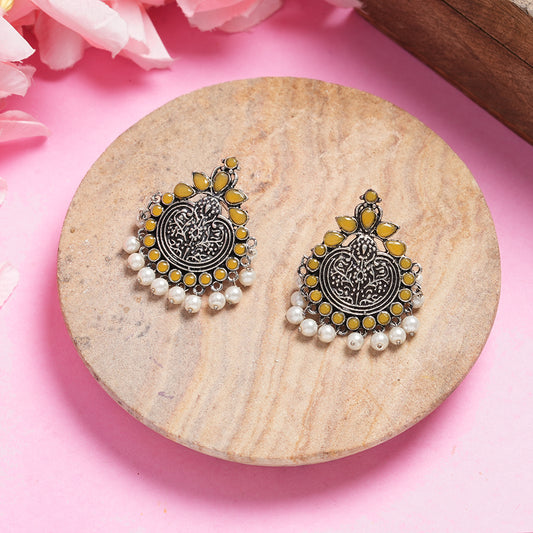 Yellow Stone Studded German Silver Statement Earrings
