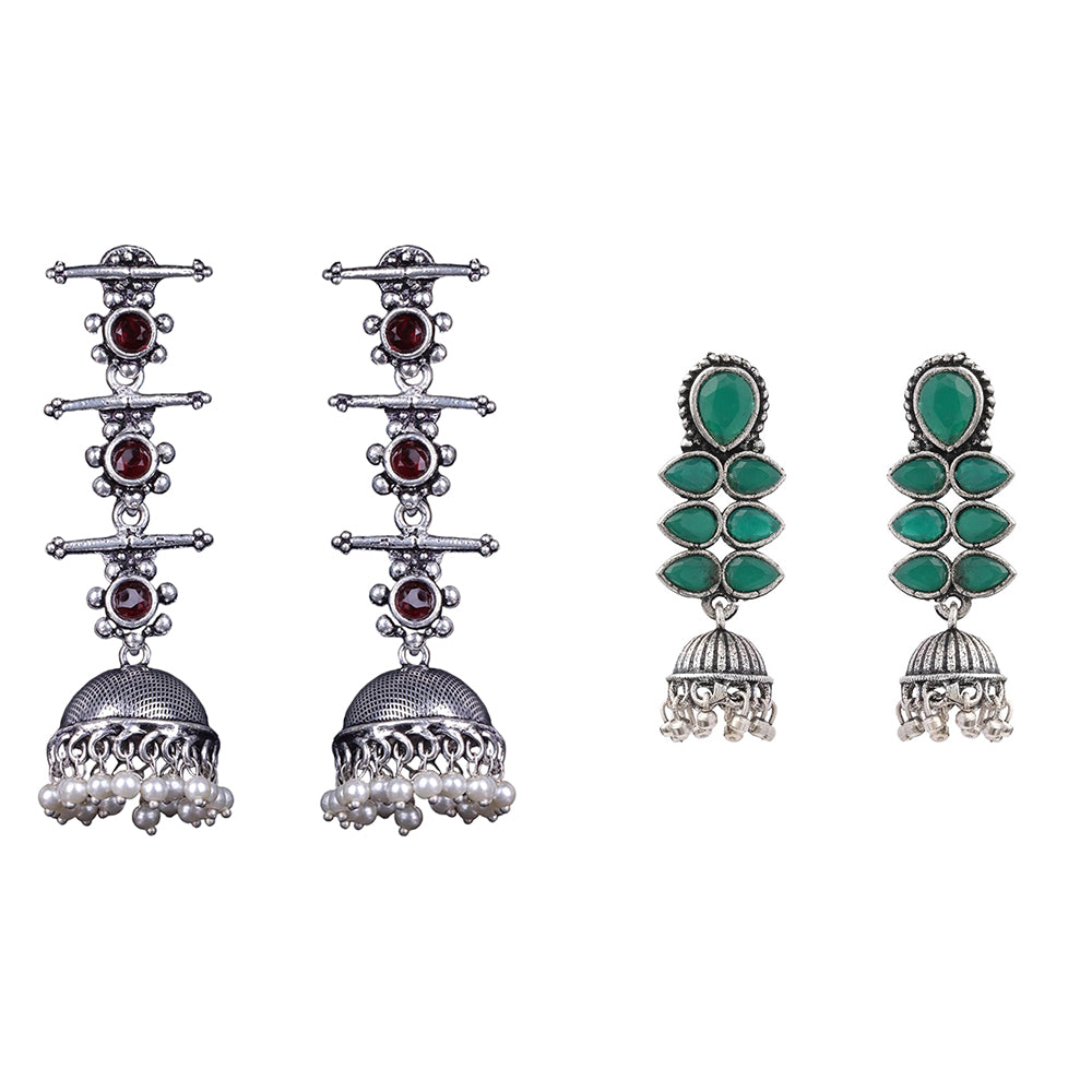 Dazzle Dash Jhumki earring (Green)&Royal Triple Bell Layered Jhumka Earring (Dark Maroon) Combo set