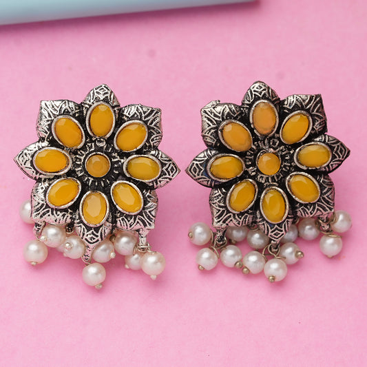 Yellow Stone Studded Oxidised Earrings With Hanging Pearls