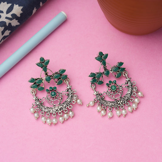Green Stone Studded Beautiful Oxidised Danglers With Hanging Baby Pearls