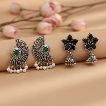 Beauty Bloom ghunghroo jhumki earring (Black)&Bloom Arc pearl stud earring (Green) Combo set
