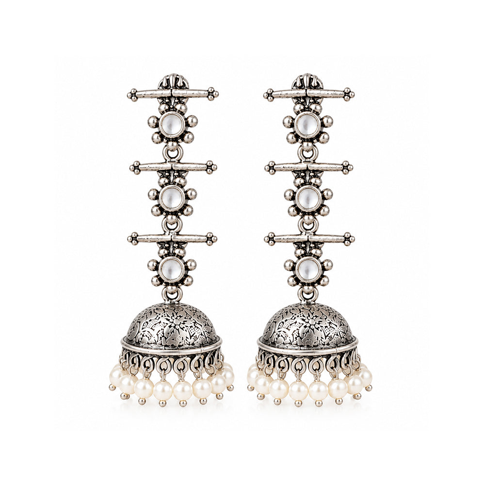 Charmbell Triple Bell Layered Jhumka Earring (White)