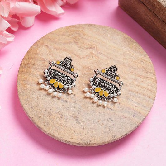Yellow Stone Studded Oxidised Earrings With Hanging Pearl