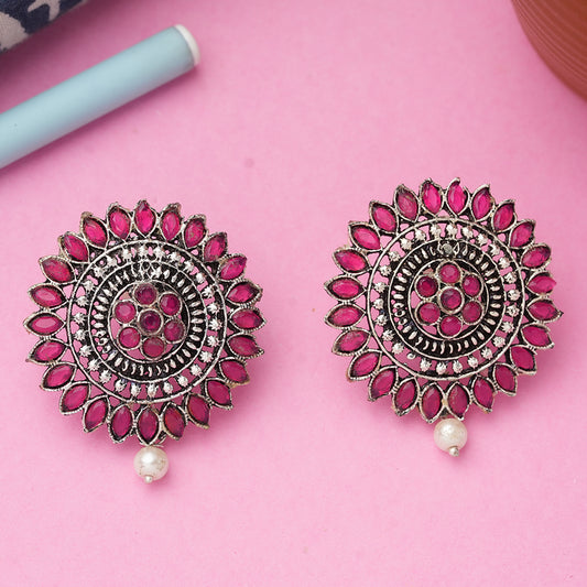 Red Stone Studded Intricate Oxidised Stud Earrings