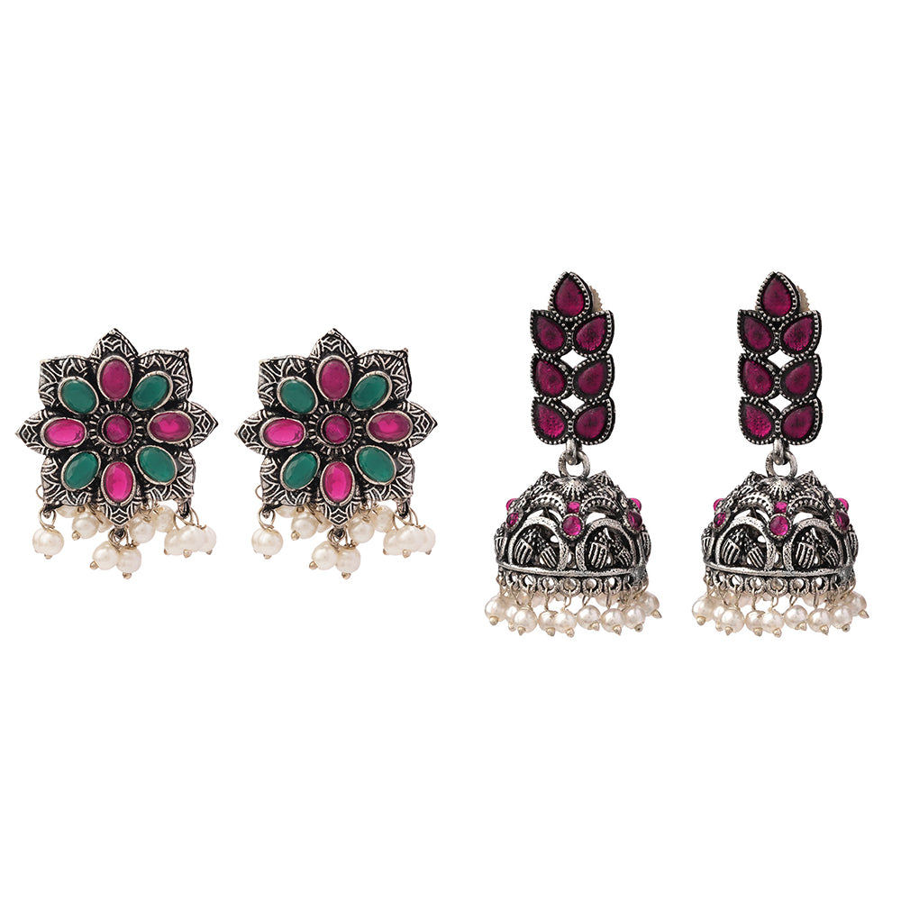 Jugni vibrant stud earrings (Multicolored)&Leaf Cascade jhumki earrings (Red) Combo set