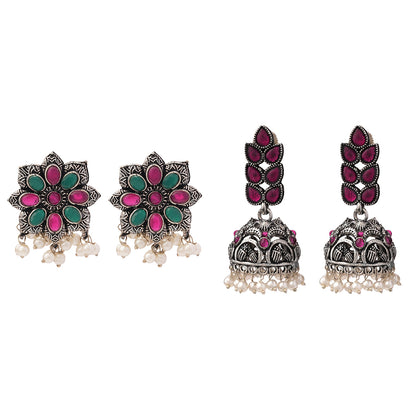 Jugni vibrant stud earrings (Multicolored)&Leaf Cascade jhumki earrings (Red) Combo set