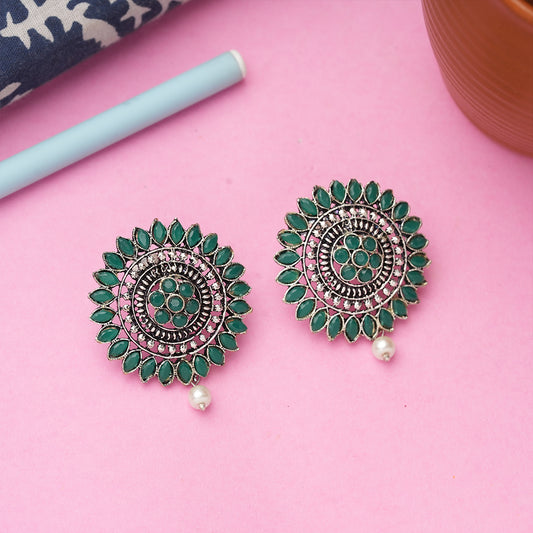 Green Stone Studded Intricate Oxidised Stud Earrings