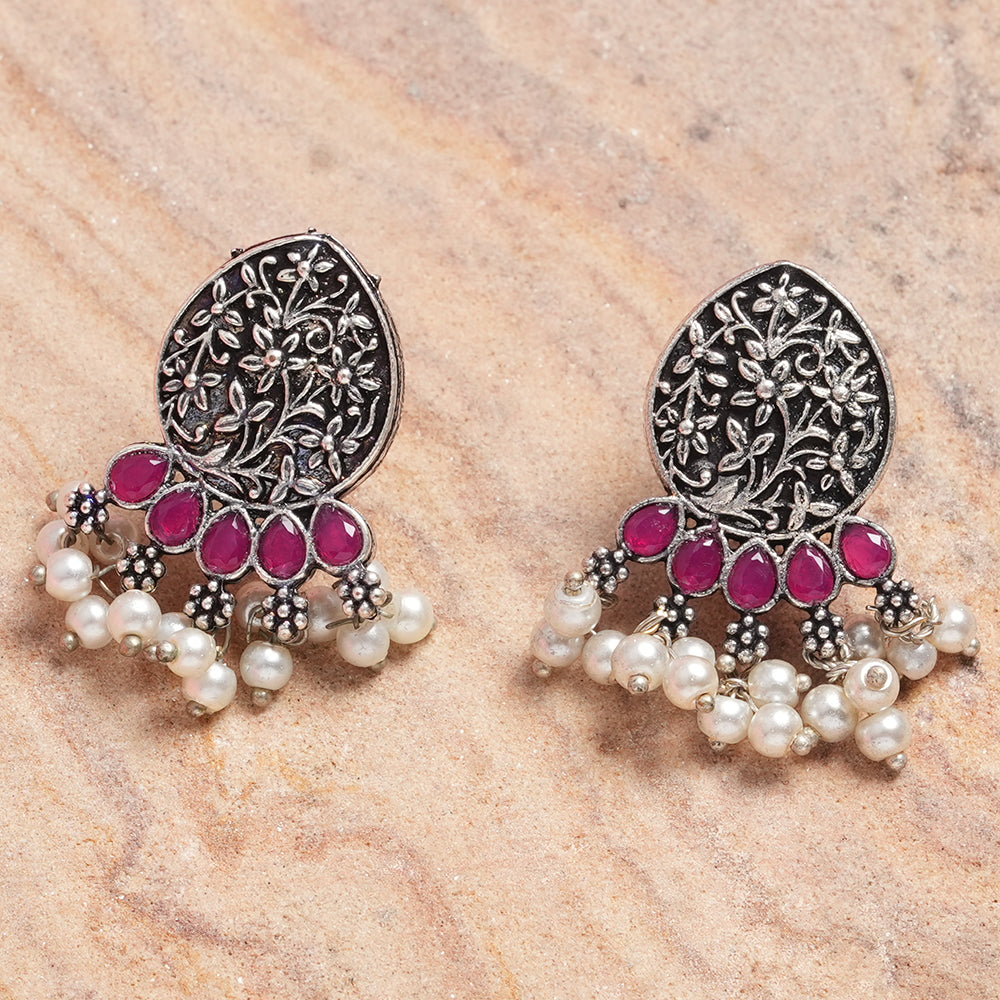 Zari carving drop stud earring (Red)