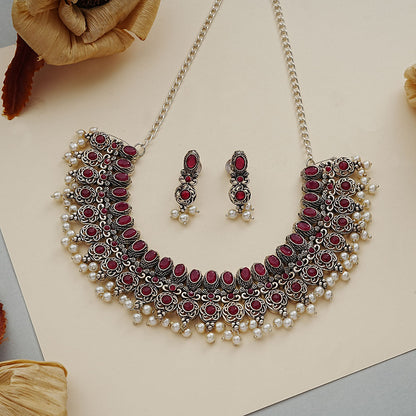 Ethnic echo stone studded rope neckpiece set (Red)