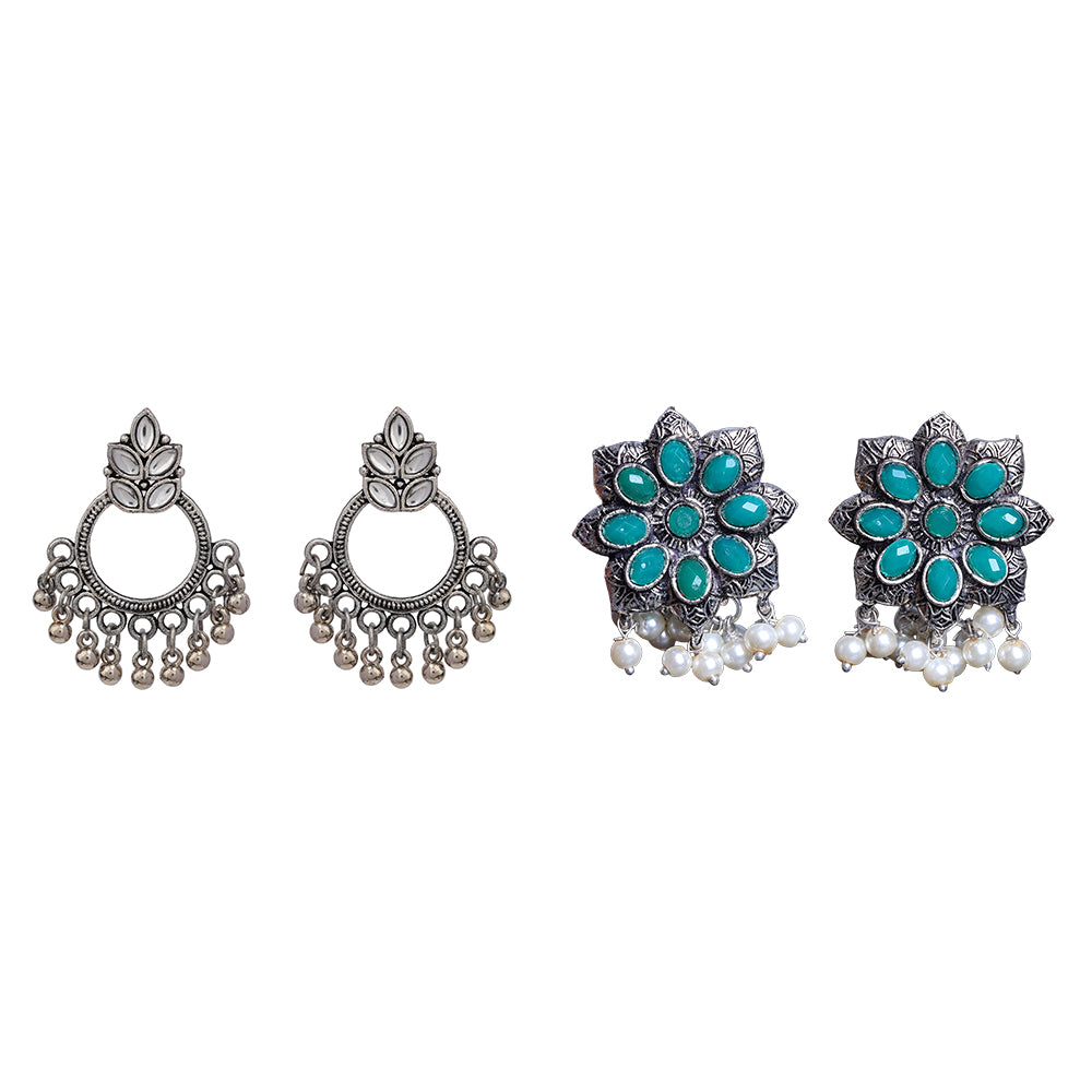 Jugni vibrant stud earrings (Green) & Fine Shine stud earrings (White) Combo set