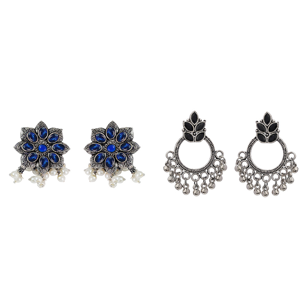 Jugni vibrant stud earrings (Blue) &Fine Shine stud earrings (Black) Combo set