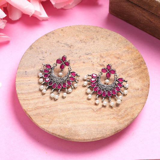 Red Stone Studded Statement German Silver Dangler Earrings