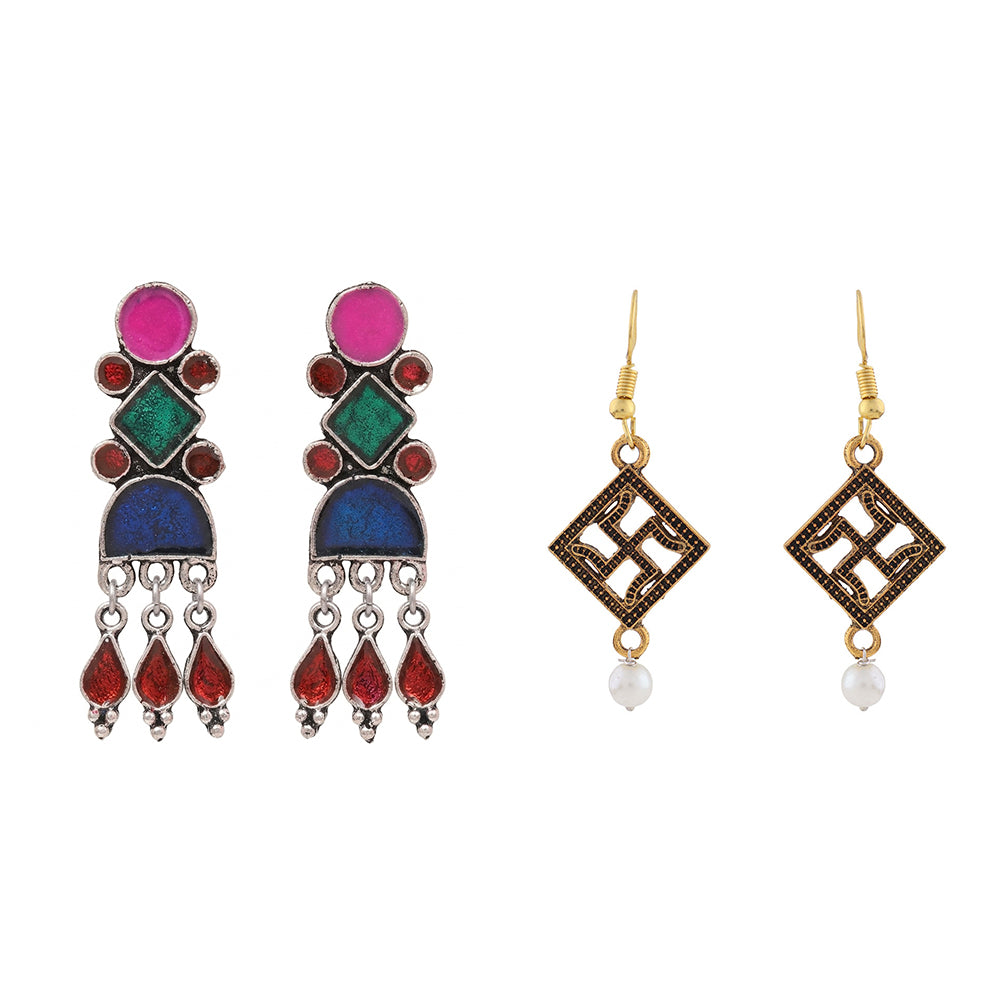 Rainbow rhine dangler earrings (Multicolored)&Swastik shaped dangler earrings Combo set