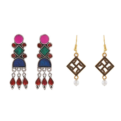 Rainbow rhine dangler earrings (Multicolored)&Swastik shaped dangler earrings Combo set
