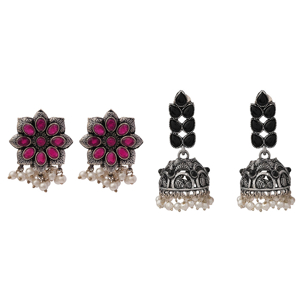 Jugni vibrant stud earrings (Red)&Leaf Cascade jhumki earrings (Black) Combo set