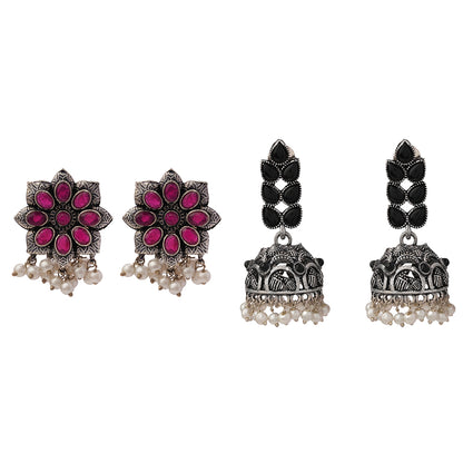 Jugni vibrant stud earrings (Red)&Leaf Cascade jhumki earrings (Black) Combo set