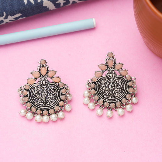 Light Orangish Stone Studded German Silver Statement Earrings