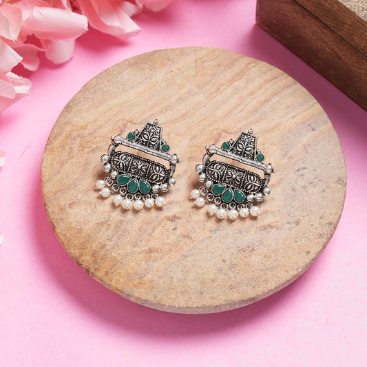 Green Stone Studded Oxidised Earrings With Hanging Pearl