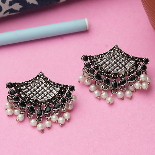 Black Stone Studded Lotus Petal Shaped Oxidised Earrings With Hanging Line Of Pearl