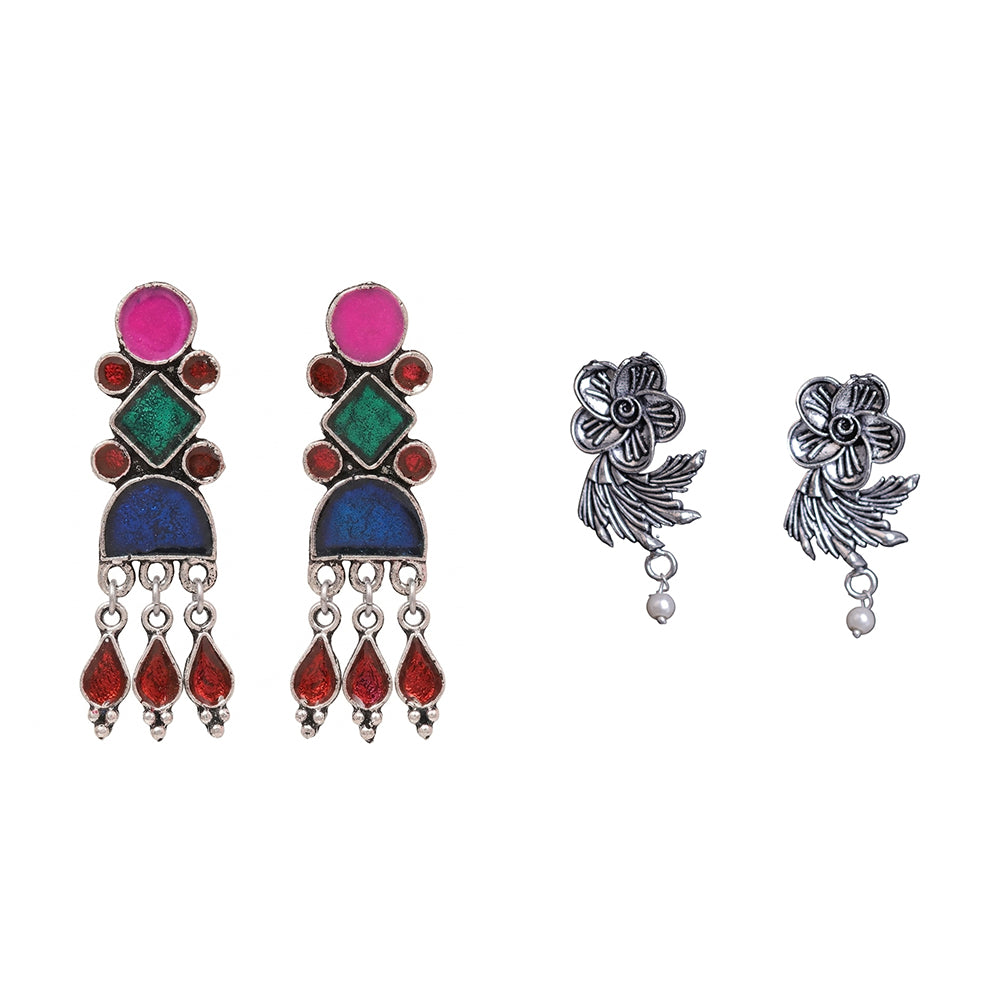 Rainbow rhine dangler earrings (Multicolored)&Floral Swirl stud earrings (Silver) Combo set